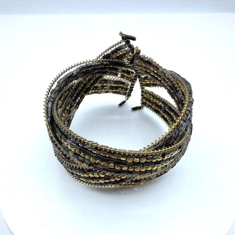 Vintage Cuff Wrap Beaded Braided Bracelet Black Gold Tone‎ Flexible Boho Unisex